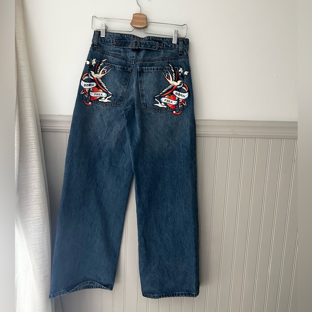 Y2K Ed Hardy Women's Size 26 Wide Leg Buckle Back Graphic Blue Jeans